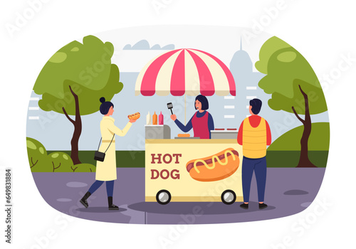 Woman buying hot dog, concept of street food