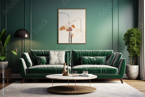Stylish scandinavian living room interior with green velvet sofa, coffee table, carpet, plants, furniture, elegant accessories in modern home decor. Template. See Less