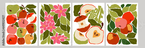 Abstract vector illustration set of apples, leaves and flowers. Abstract harvest poster set. Vegetable market. Abstract apples