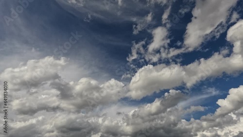 Plan fixe en accéléré de nuages qui défilent dans un ciel bleu 