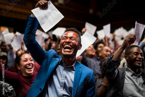 Joyful immigrants holding citizenship papers tears and laughter of relief 