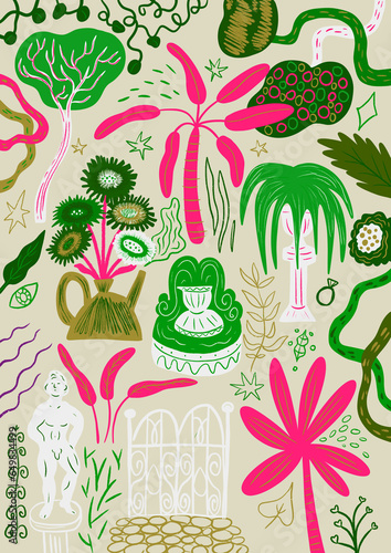 Lush Tropical garden poster pattern with exotic trees, flowers plants and  luxorious statues photo