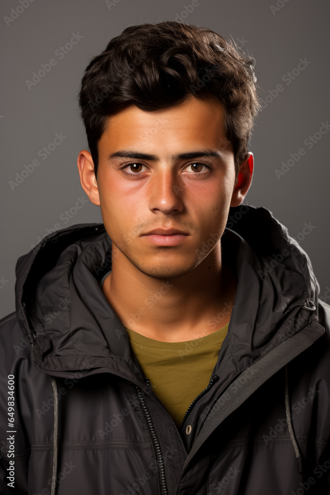 Young immigrants hopeful yet uncertain gaze isolated on a grey gradient background Young immigrants hopeful yet uncertain gaze isolated on a grey gradient background