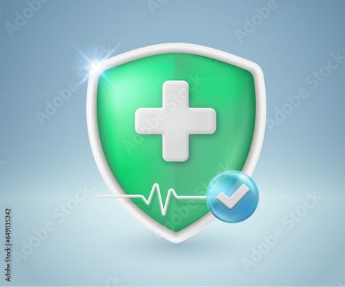 Health insurance concept with shield and pulse symbol. Covers care for patients Health protection. 3D vector illustration.