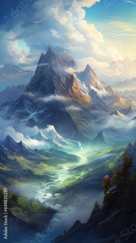 Breathtaking Cloudy Mountain Range - Majestic Nature Illustration