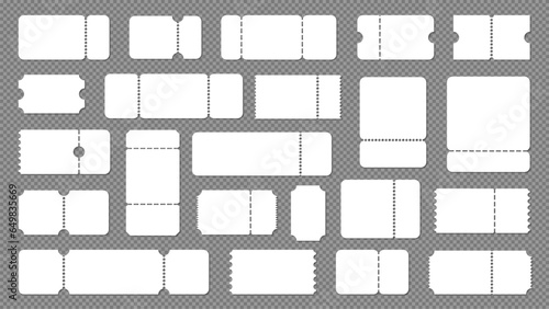 Blank ticket template. Money coupon mockup with text and logo, theater ticket with discount voucher, festival pass and voucher. Vector isolated set