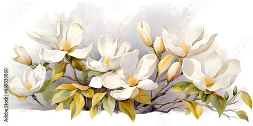 Watercolor painting floral digital art wall decor. Golden white and gray flowers for wall canvas decor. White magnolia flower in watercolor