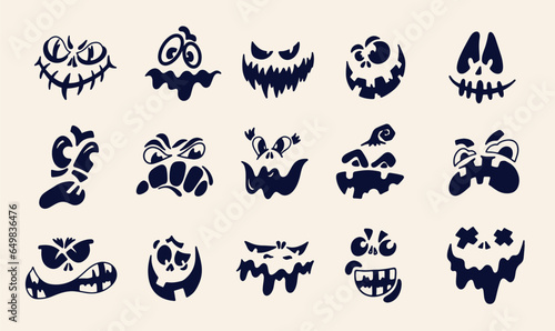 Set of scary and funny faces of Halloween pumpkin or ghost. Halloween collection of jack o lantern spooky smiling faces. October party scary cartoon clipart for pumpkin. Vector illustration.