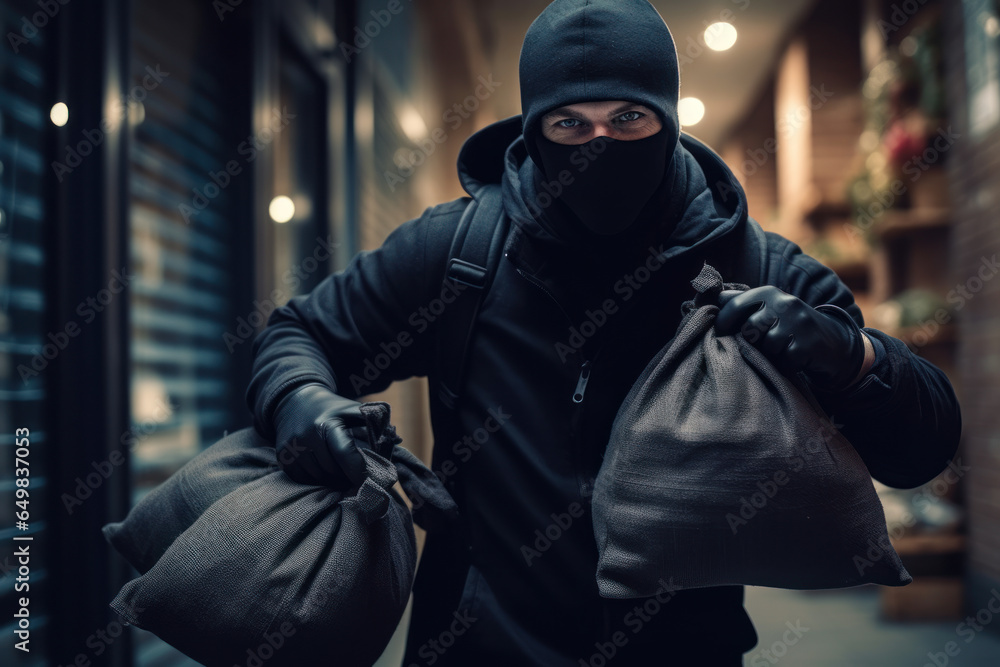 Robber with a bag of money in the city. The concept of robbery. Robber with a bag of money in the city. The concept of robbery.