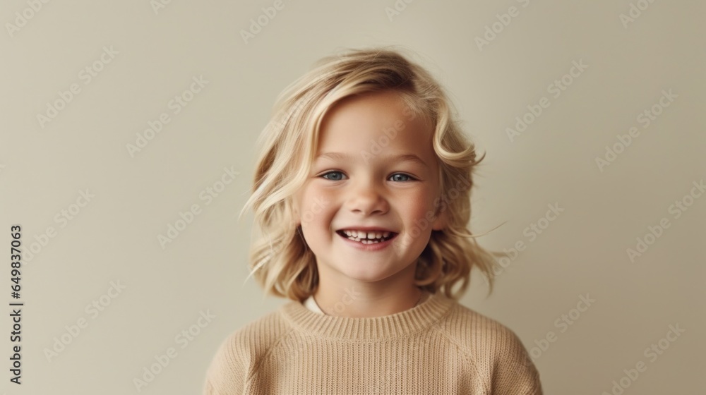 A cheerful young boy with blond hair grins against a neutral beige backdrop. A cheerful young boy with blond hair grins against a neutral beige backdrop.