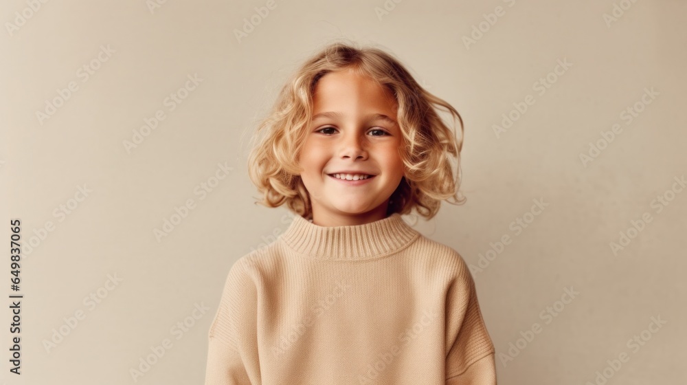 A happy blond boy smiles in front of a light beige background. A happy blond boy smiles in front of a light beige background.