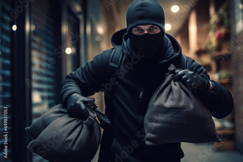 Fényképezés Robber with a bag of money in the city. The concept of robbery.