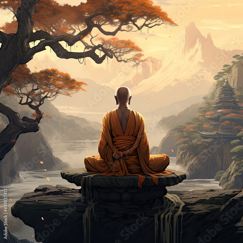 Buddhist Monk Offering Prayers in Picturesque Valley - Generative AI Illustration