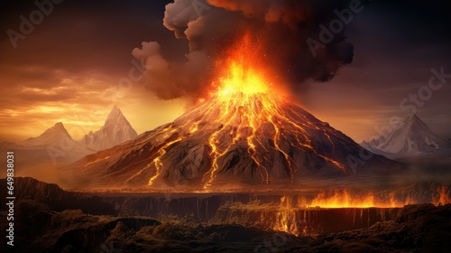 fire active volcano active illustration landscape geology, magma hot, erupting smoke fire active volcano active photo