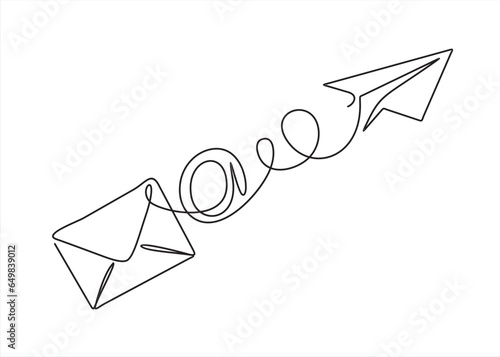 continuous one line drawing of 
Email message post letter send illustration sketch outline drawing.One line paper plane and envelope.  