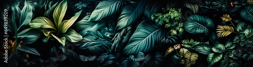  Beautiful dark botany or various tropical leaves decoration background.exotic fancy jungle nature elements.Horizontal banner photo