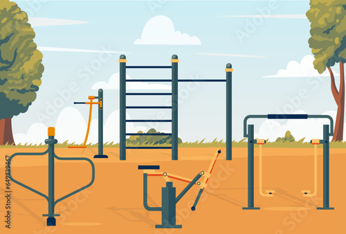 Street workout park. Cartoon city landscape with gymnasium fitness equipment, outdoor gym for bodybuilding flat style. Vector illustration