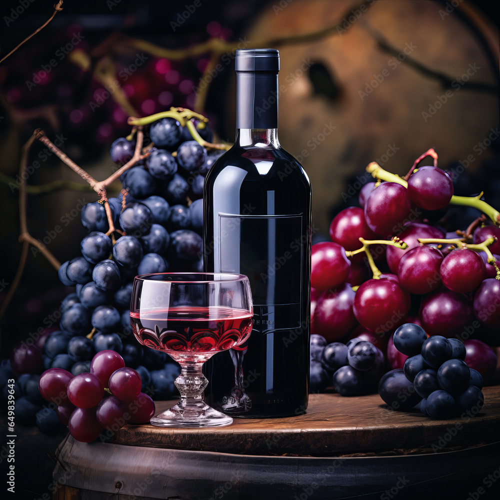 Red wine bottle, glass and grapes on a dark background