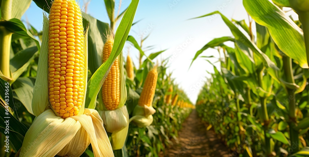 Obraz premium Closeup corn cobs in corn plantation field.