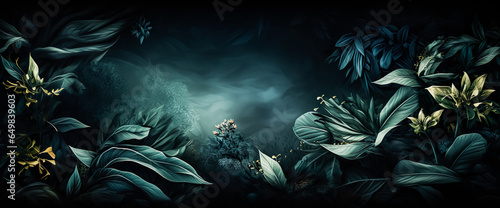  Beautiful dark botany or various tropical leaves decoration background.exotic fancy jungle nature elements.Horizontal banner photo