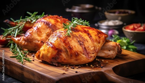 Closeup of tasty roast chicken breast served on wooden board. Grilled chicken.