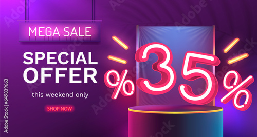 Mega sale special offer, Neon 35 off sale banner. Sign board promotion. Vector illustration