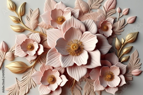 Elegant colorful 3d flowers with leaves on a tree illustration background.