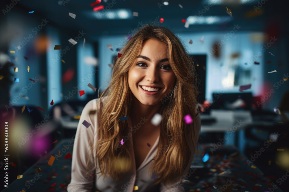 Woman have fun in office, smiling and celebrating party with confetti. Female entrepreneur have fun at workplace