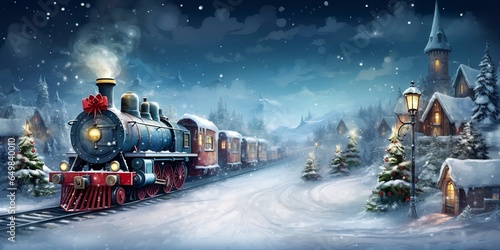 19th century train going throw a village in winter with a snow background.