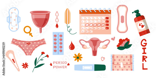 Menstrual period sanitary goods. Feminine hygiene cycle products cartoon flat style, period care concept with pads and tampons. Vector set