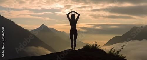 silhouette of a woman practicing yoga in the summit with mountain Background.