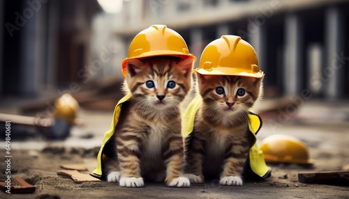 Two kittens wearing hard hats on a construction site.