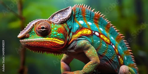 A colorful close up chameleon with a high crest on its head. photo