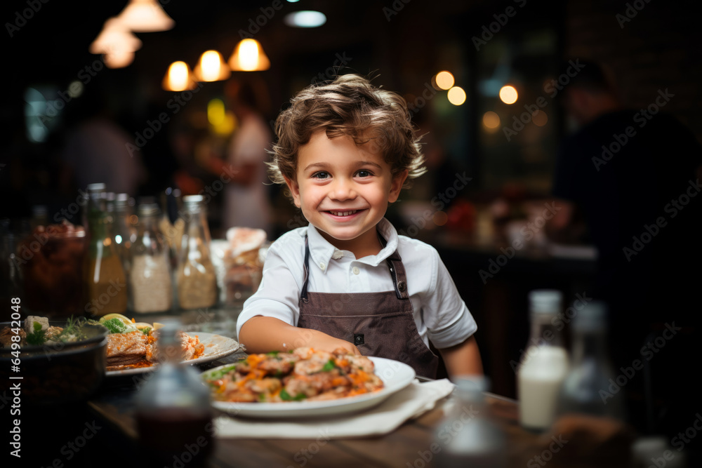 Cute little chef in apron in restaurant looking at the camera Cute little chef in apron in restaurant looking at the camera