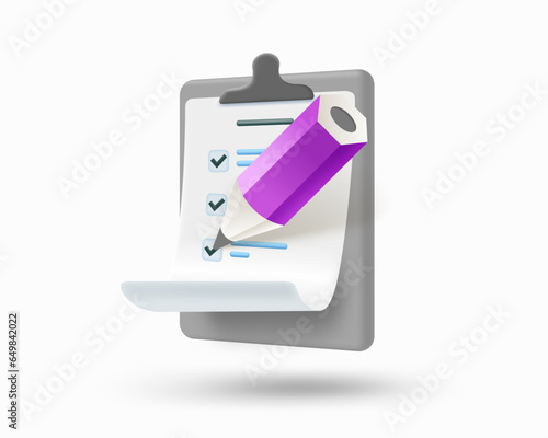 Clipboard with pencil isolated on white background. Business agenda concept.3d vecror illustration