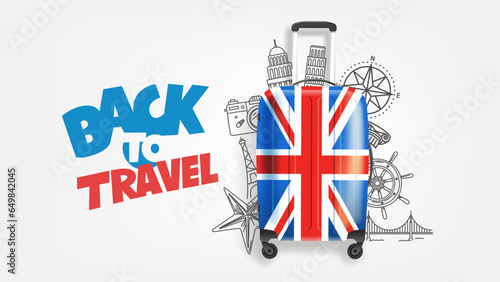 Back to travel concept with suitcase and doodle elements. Vector banner with lettering text