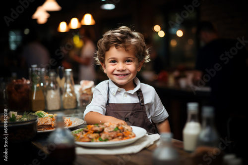 Cute little chef in apron in restaurant looking at the camera