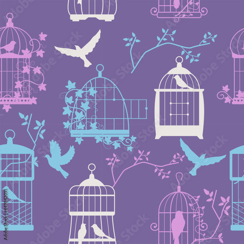 Bird cage pattern. Seamless print of ornate wooden bird cages with various animals, nature decorative background for wrapping paper. Vector texture