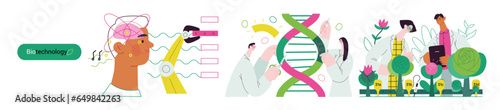 Bio Technology -modern flat vector concept illustration of improving aspects of healthcare, agriculture, environmental sustainability, industrial processes. Metaphor of bridging Science and Nature
