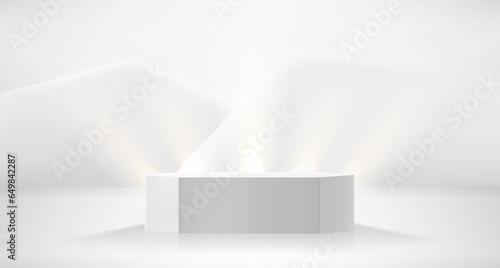 White illuminated studio with arc neon light and podium. 3d vector illustration photo