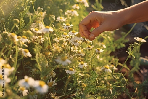 picking chamomile in the field