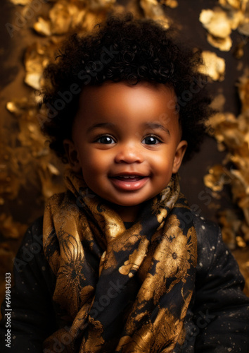 Black baby boy in golden clothes on a conceptual golden background for frame