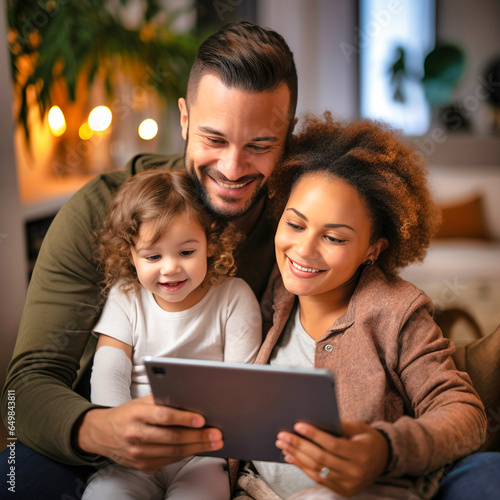 Interracial family of father and mother with their baby enjoying a digital tablet