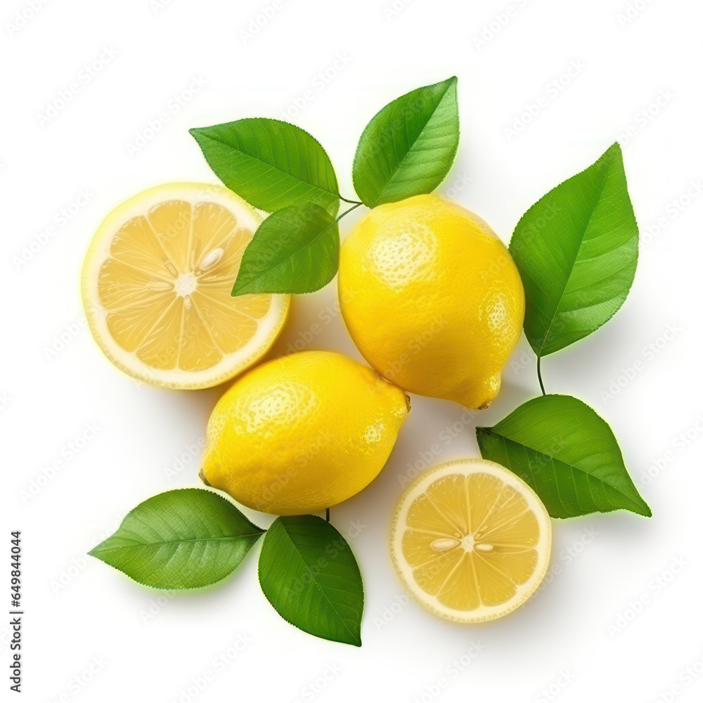 Lemons and green leaves isolated on white, Yellow ripe citrus fruits cut and whole view from above Lemons and green leaves isolated on white, Yellow ripe citrus fruits cut and whole view from above