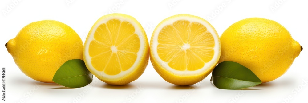 Lemons and leaves in a row isolated on white, Yellow ripe citrus fruits cut and whole banner,	