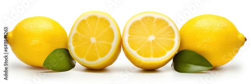 Lemons and leaves in a row isolated on white  Yellow ripe citrus fruits cut and whole banner  