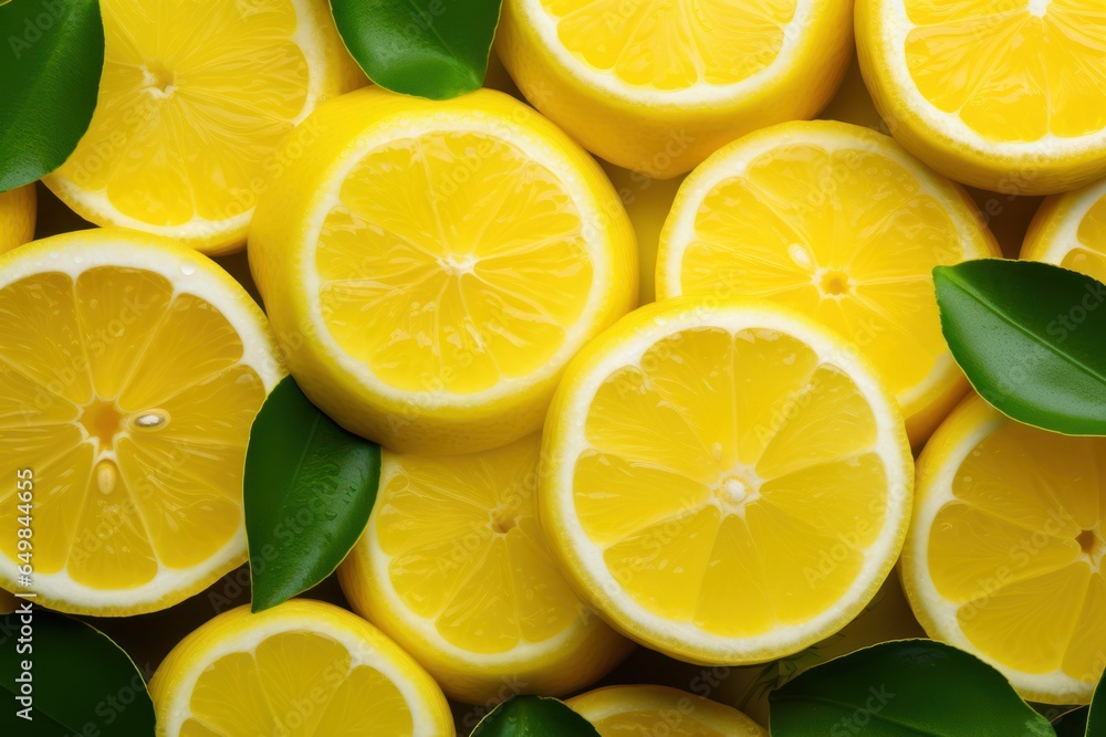 Lemon slices background, top view. Yellow ripe citrus fruits cut and green leaves Lemon slices background, top view. Yellow ripe citrus fruits cut and green leaves