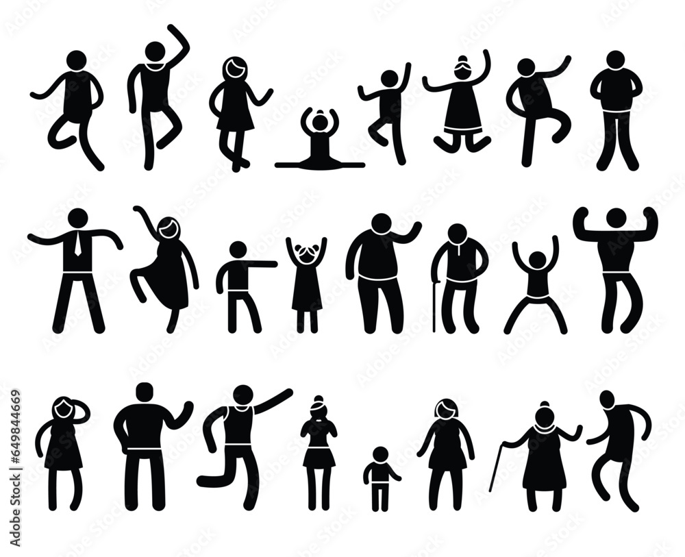 Stick people poses. Black silhouettes of stickman characters in different action and posture, yoga and simple postures. Vector isolated set