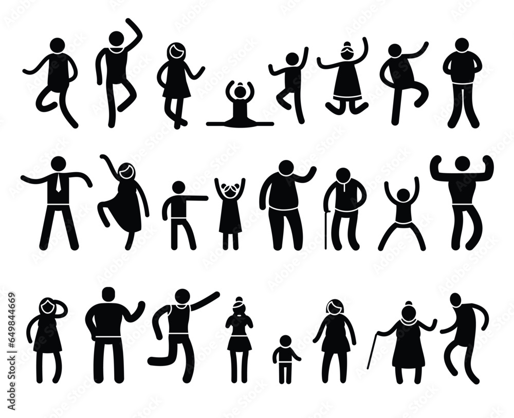 Stick people poses. Black silhouettes of stickman characters in different action and posture, yoga and simple postures. Vector isolated set Stick people poses. Black silhouettes of stickman characters in different action and posture, yoga and simple postures. Vector isolated set