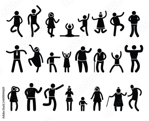 Stick people poses. Black silhouettes of stickman characters in different action and posture  yoga and simple postures. Vector isolated set
